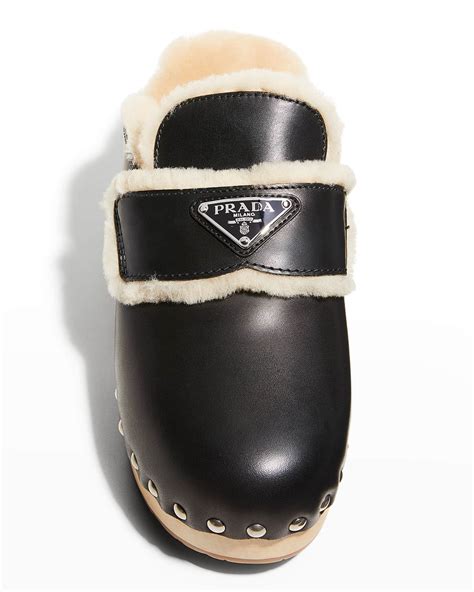 prada leather shearling logo mule clogs|prada mules sale.